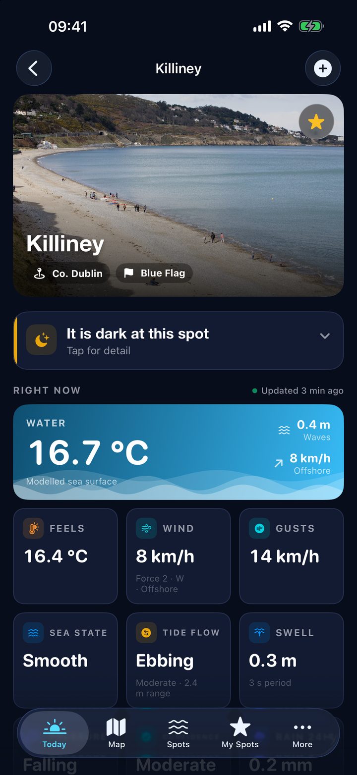 Killiney spot page with sea temperature, waves, wind and tide flow