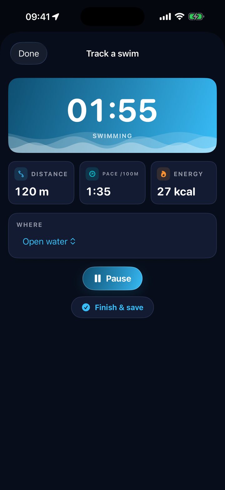 Track a swim screen showing time, distance, pace and calories