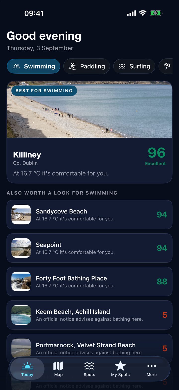 Snámh's Today screen ranking Killiney, Sandycove, Seapoint and the Forty Foot for swimming, each with a score out of 100