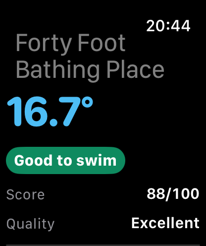 Apple Watch showing Forty Foot: 16.7 degrees, Good to swim, score 88 out of 100